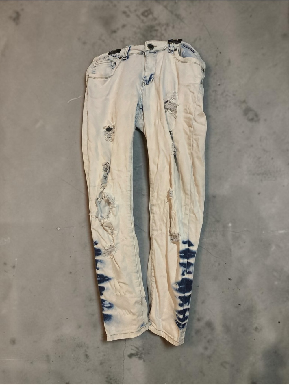 VIP White Skinny Jeans with Blue Tie-Dye Accents